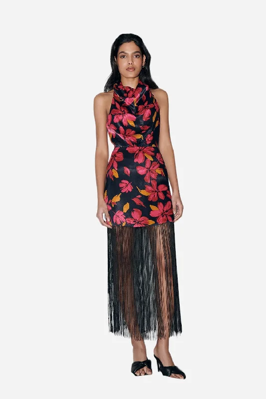 Saylor Addilynne Midi Dress in Floral Fringe Elegant Pleated Detail Midi Dress