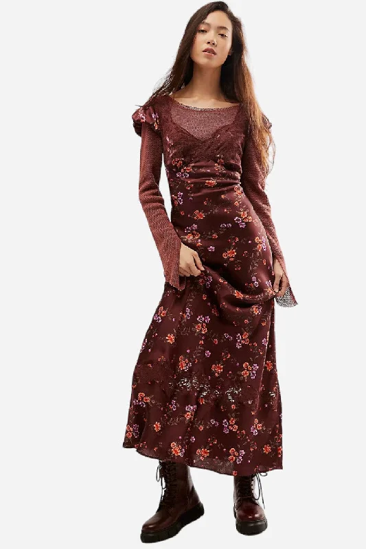 Free People Butterfly Babe Midi Dress in Brown Combo Fashionable Polka Dot Midi Dress
