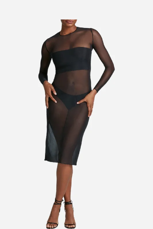 Commando Chic Mesh Long Sleeve Midi Dress in Black Stylish Striped Midi Dress