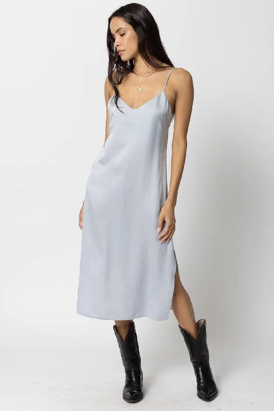 Stillwater Cupro Silky Slip Midi Dress in Silver Elegant Pleated Sleeve Midi Dress