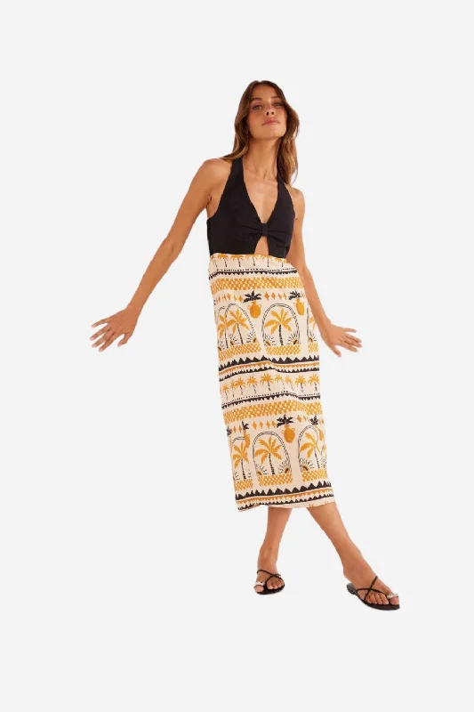 Minkpink Hestia Halter Neck Midi Dress in Ivory Gold Trendy Midi Dress with Belt
