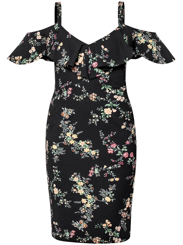 Plus Marcella Womens Cold Shoulder Floral Midi Dress Comfortable Fit-and-Flare Midi Dress