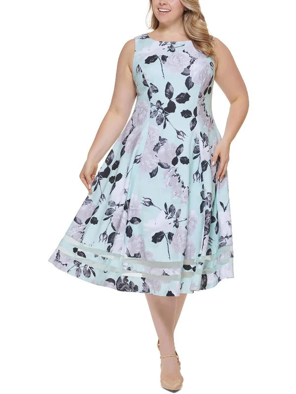 Plus Womens Floral Print Calf Midi Dress Elegant Velvet Midi Dress