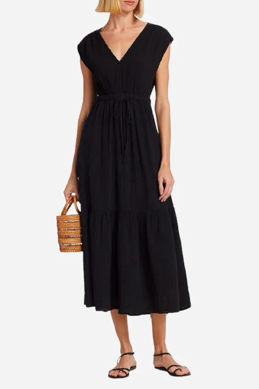 Xirena Rosalie Cotton Gauze Midi Dress in Black Cozy A-Line Midi Dress