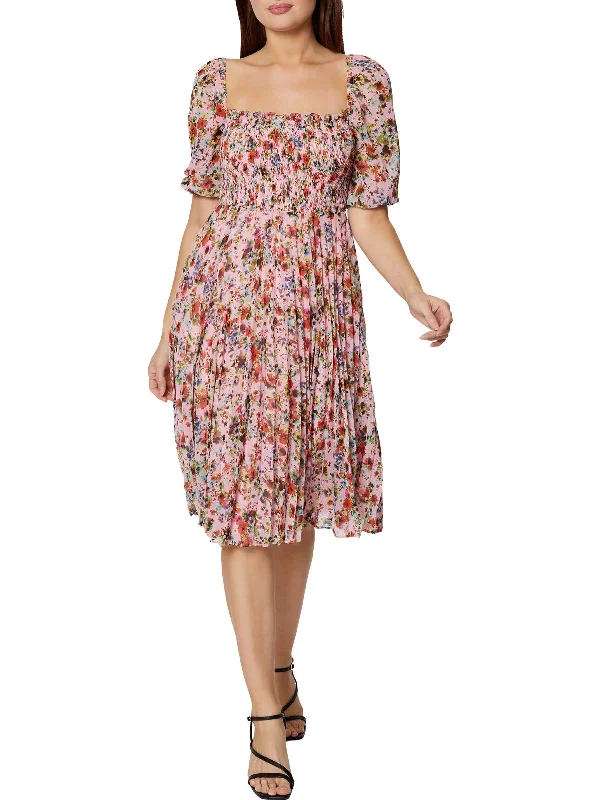 Womens Floral Pleated Midi Dress Trendy Ruffled Sleeve Midi Dress