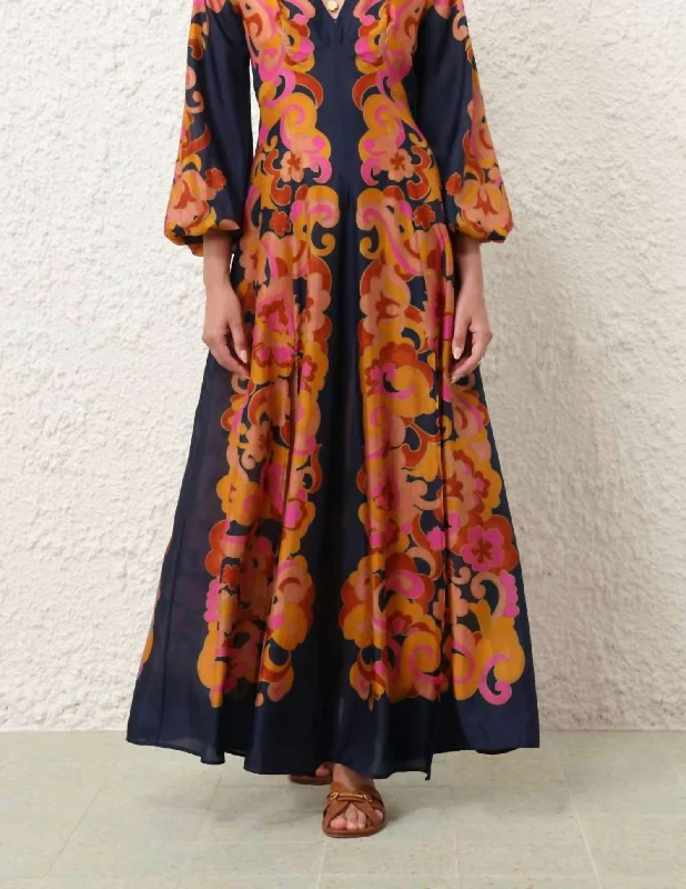 Acadian Long Sleeve Maxi Dress In Navy Paisley Classic Tulle Maxi Dress
