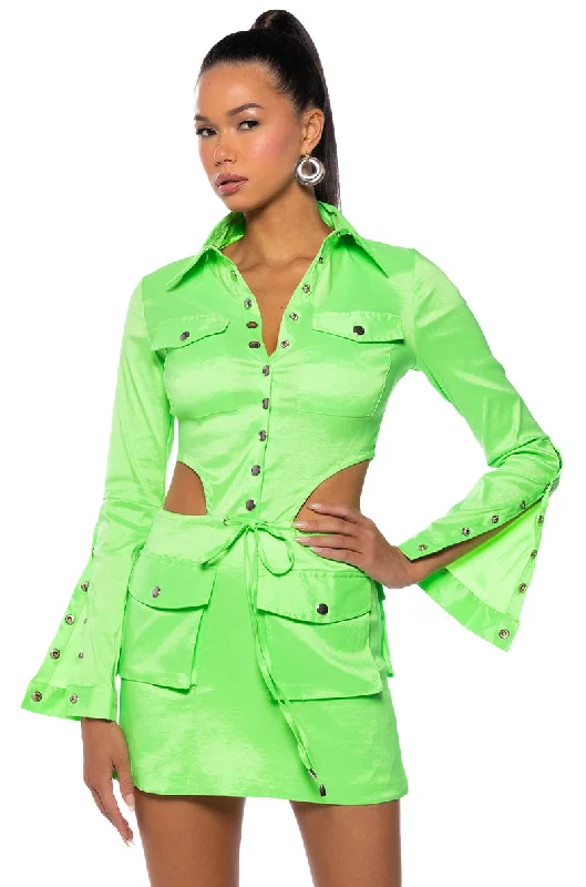 ARIELLE OPEN BACK CARGO MINI DRESS IN LIME Cozy Long Sleeve Mini Dress