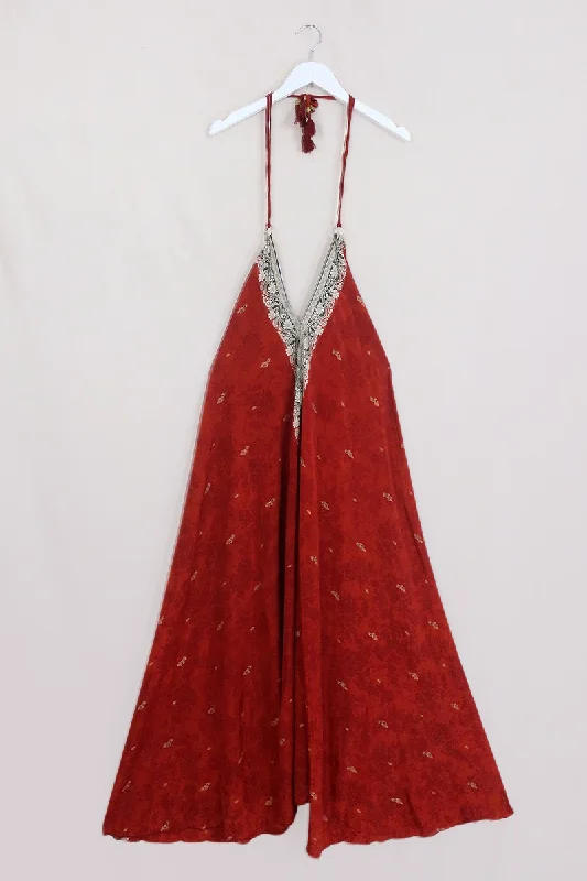 Athena Maxi Dress - Vintage Sari - Brick Red Embroidery - M to L/XL Comfortable Bohemian Maxi Dress Athena Maxi Dress - Vintage Sari - Brick Red Embroidery - M to L/XL Comfortable Bohemian Maxi Dress
