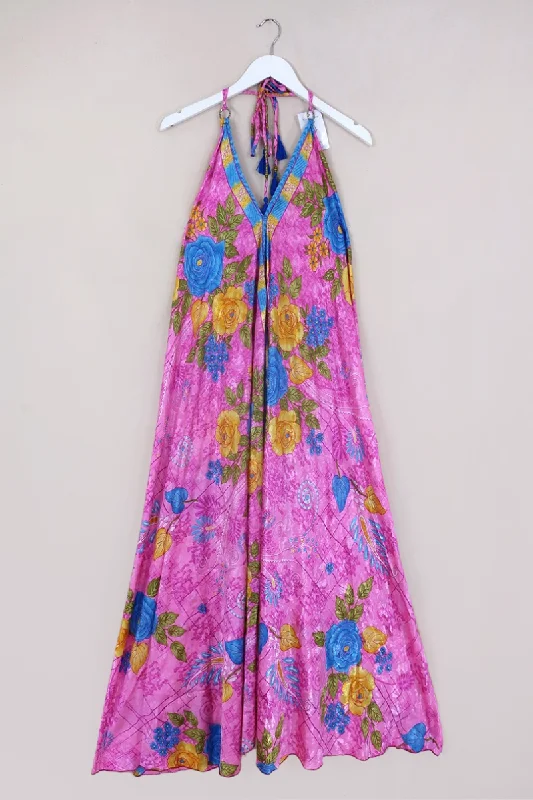 Athena Maxi Dress - Vintage Sari - Magenta, Sun & Sky Floral - M to L/XL Elegant Silk Maxi Dress Athena Maxi Dress - Vintage Sari - Magenta, Sun & Sky Floral - M to L/XL Elegant Silk Maxi Dress