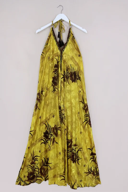Athena Maxi Dress - Vintage Sari - Marigold & Sepia Floral - S to L Cozy Wrap Maxi Dress Athena Maxi Dress - Vintage Sari - Marigold & Sepia Floral - S to L Cozy Wrap Maxi Dress