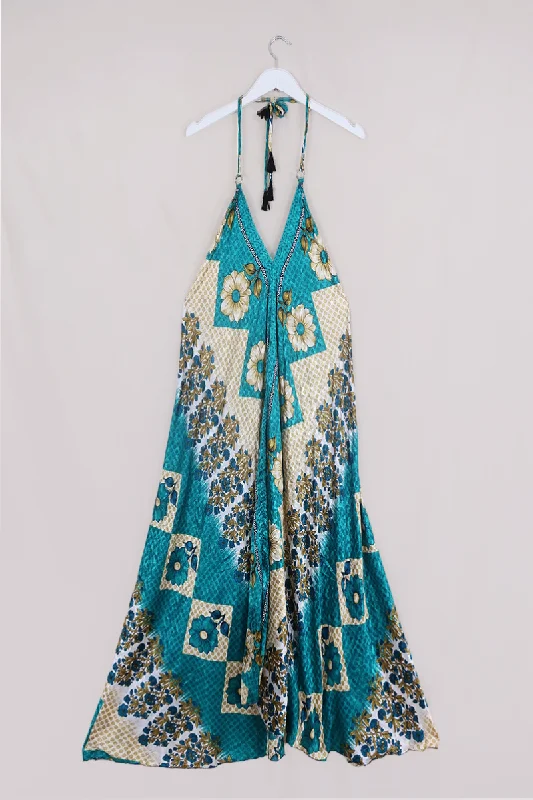 Athena Maxi Dress - Vintage Sari - Mottled Teal & Tan Wildflower - M to L/XL Casual Maxi Dress with Pockets Athena Maxi Dress - Vintage Sari - Mottled Teal & Tan Wildflower - M to L/XL Casual Maxi Dress with Pockets