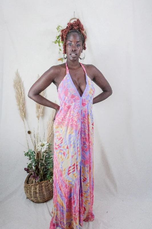 Athena Maxi Dress - Vintage Sari - Dahlia Pink Pastel Abstract - XS to M/L Cozy Maxi Dress with Slit Athena Maxi Dress - Vintage Sari - Dahlia Pink Pastel Abstract - XS to M/L Cozy Maxi Dress with Slit