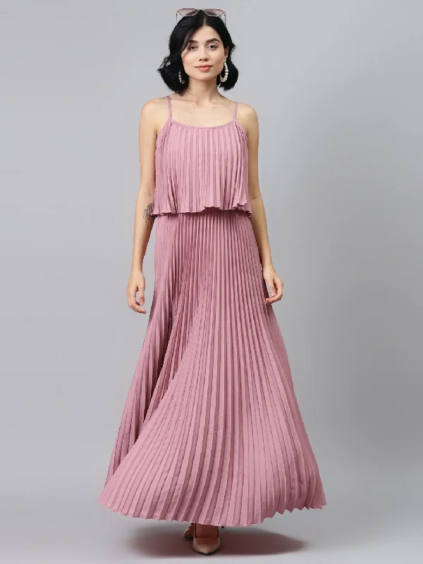 Women's Baked Pink Strappy Pleated Maxi Dress - SASSAFRAS Fashionable Off-Shoulder Maxi Dress Women's Baked Pink Strappy Pleated Maxi Dress - SASSAFRAS Fashionable Off-Shoulder Maxi Dress