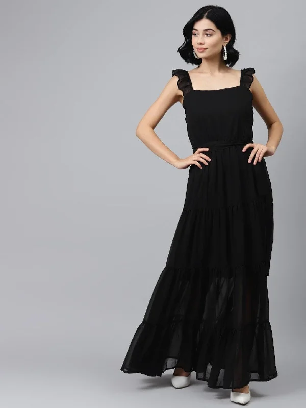 Women's Black Frilly Straps Tiered Maxi Dress - SASSAFRAS Fashionable Maxi Dress with Fringe Women's Black Frilly Straps Tiered Maxi Dress - SASSAFRAS Fashionable Maxi Dress with Fringe