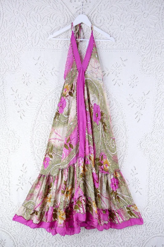 Blossom Halter Maxi Dress - Vintage Sari - Bubble Gum Meadow - Free Size L/XL Comfortable Casual Maxi Dress Blossom Halter Maxi Dress - Vintage Sari - Bubble Gum Meadow - Free Size L/XL Comfortable Casual Maxi Dress