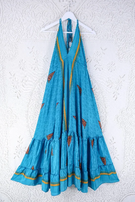Blossom Halter Maxi Dress - Vintage Sari - Marine Teal Paisley - Free Size M/L Elegant Maxi Dress with Lace Blossom Halter Maxi Dress - Vintage Sari - Marine Teal Paisley - Free Size M/L Elegant Maxi Dress with Lace
