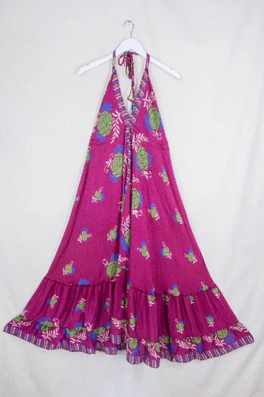 Blossom Halter-Neck Maxi Dress - Magenta & Parakeet Rose - Free Size M/L Stylish Off-Shoulder Maxi Dress Blossom Halter-Neck Maxi Dress - Magenta & Parakeet Rose - Free Size M/L Stylish Off-Shoulder Maxi Dress