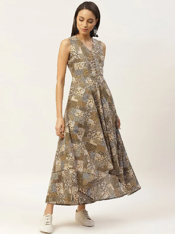 Women's Brown Floral High Low Flared Maxi Dress - SASSAFRAS Comfortable Fitted Maxi Dress Women's Brown Floral High Low Flared Maxi Dress - SASSAFRAS Comfortable Fitted Maxi Dress