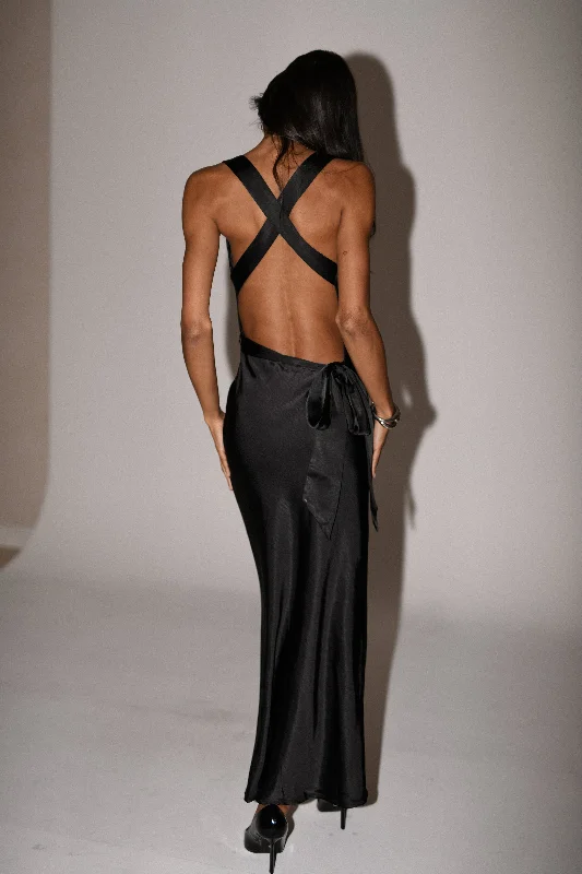 Caellie Satin Cowl Maxi Dress - Black Fashionable Button-Down Maxi Dress