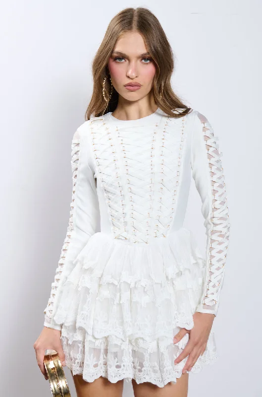 CHIC AF LACE AND BANDAGE LAYERED MINI DRESS Classic Solid Mini Dress
