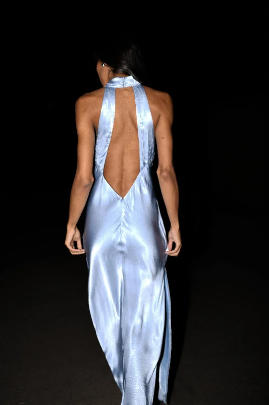 Claire Satin Drape Back Maxi Dress - Ice Blue Cozy Ribbed Maxi Dress
