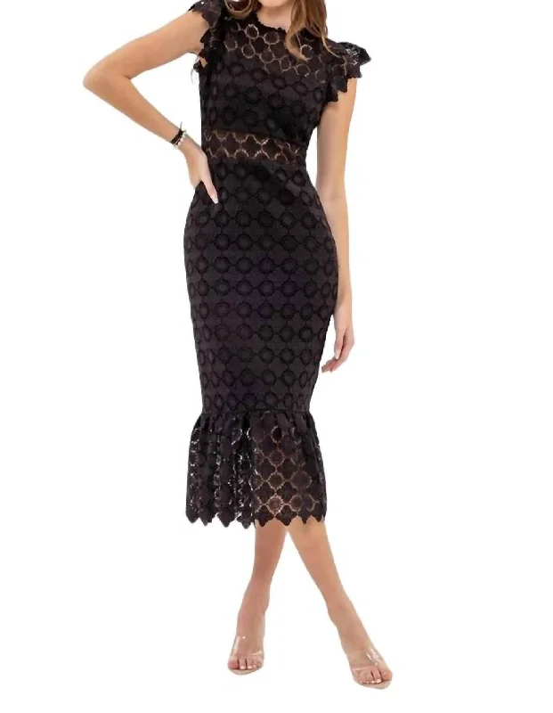 Eyelet Lace Ruffle Midi Dress In Black Stylish Satin Midi Dress