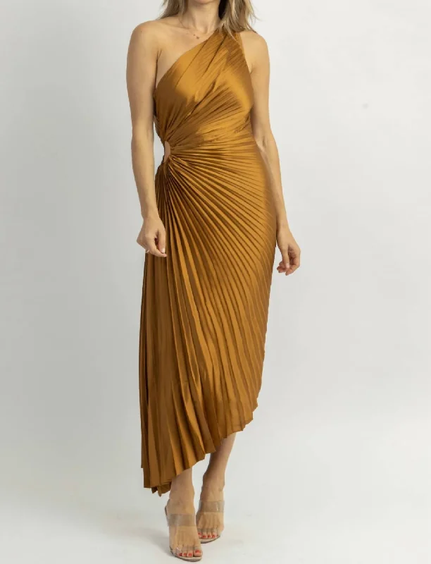 Fresco Pleated Midi Dress In Golden Ochre Elegant Pleated Sleeve Midi Dress