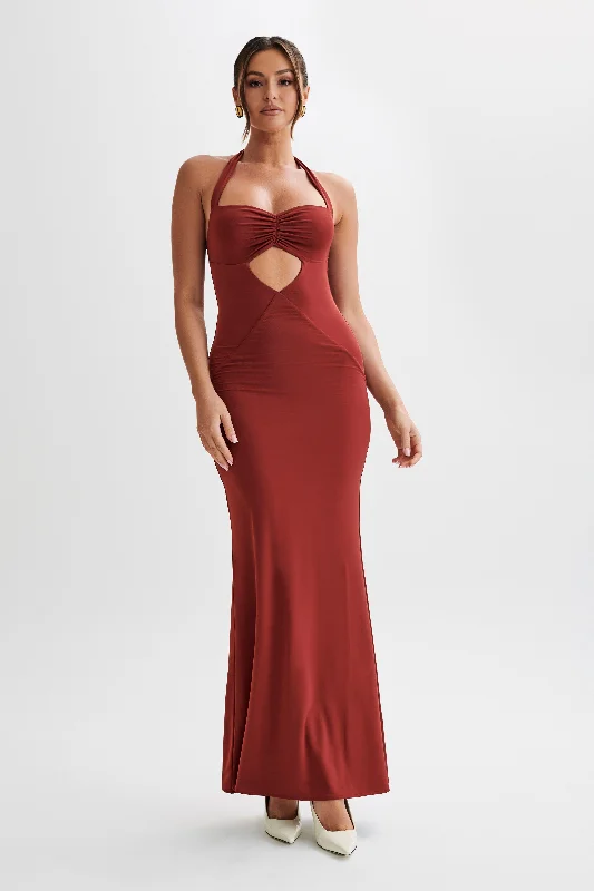 Ginevra Slinky Halter Maxi Dress - Cherry Red Stylish Off-Shoulder Maxi Dress