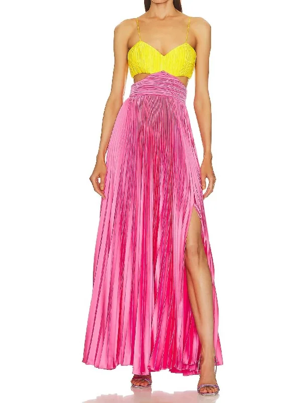 Gorgeous Satin Pleated Maxi Dress In Yellow Tag & Calla Lily Cozy Spaghetti Strap Maxi Dress