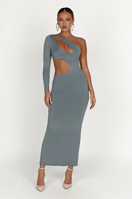 Joyce Recycled Nylon Cut Out Maxi Dress - Light Charcoal Fashionable Open-Back Maxi Dress