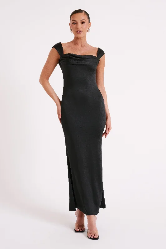 Lacey Backless Satin Maxi Dress - Black Stylish Maxi Dress with Frills