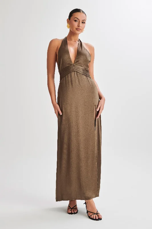 Milana Halter Maxi Dress - Khaki Stylish V-Neck Maxi Dress