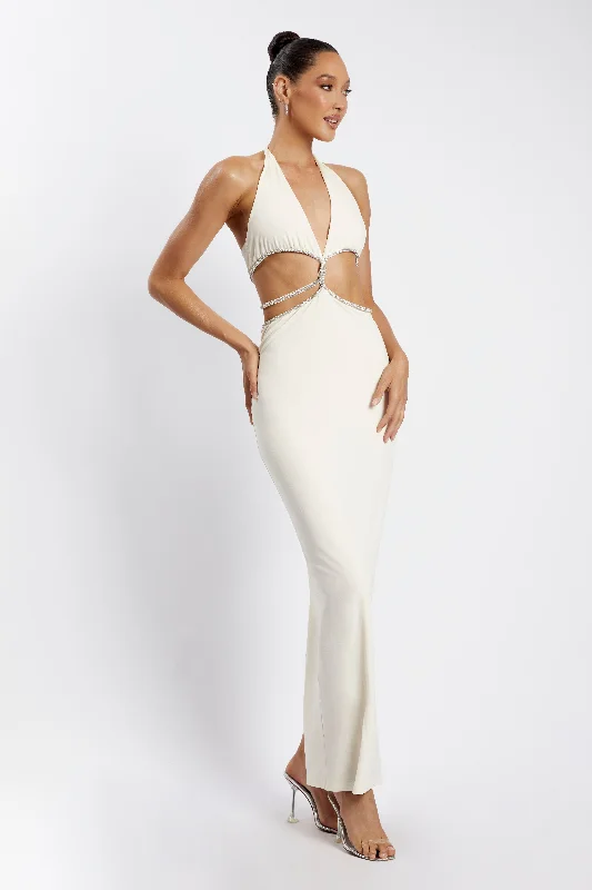 Nicha Diamante Cut Out Maxi Dress - Bone Cozy Ruffle Sleeve Maxi Dress