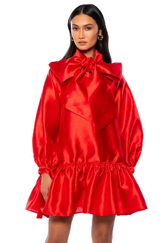 PUFF SLEEVE DROP WAIST MINI DRESS IN RED Fashionable Button-Front Mini Dress