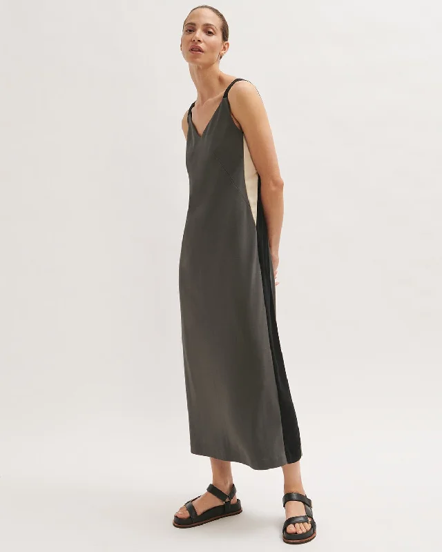 Satin Stripe Maxi Dress | Grey Fashionable Printed Maxi Dress