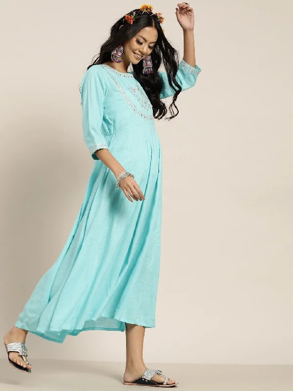 Women's Sea Green Zari Embroidery Anrakali Maxi Dress - SHAE Cozy Longline Maxi Dress