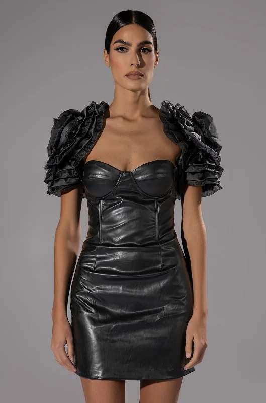SLOANE SHOULDER DETAIL FAUX LEATHER MINI DRESS Comfortable Boho Mini Dress