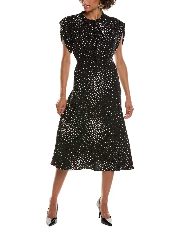 Teri Jon by Rickie Freeman Crepe Polka Dot Cinched Midi Dress Comfortable Button Front Midi Dress Teri Jon by Rickie Freeman Crepe Polka Dot Cinched Midi Dress Comfortable Button Front Midi Dress