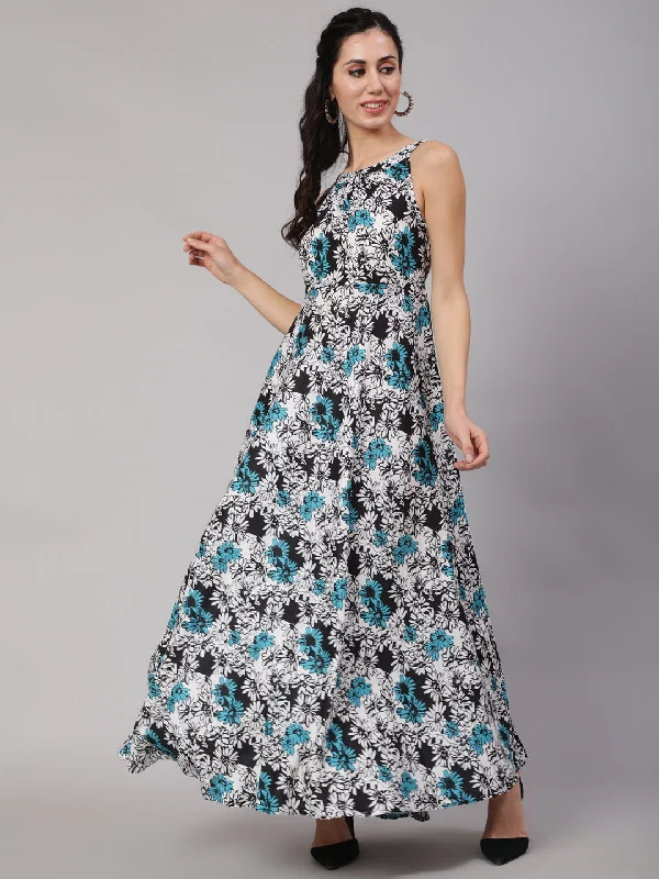 Women's Blue & White Floral Printed Maxi Dress - Aks Trendy Maxi Dress with Lace