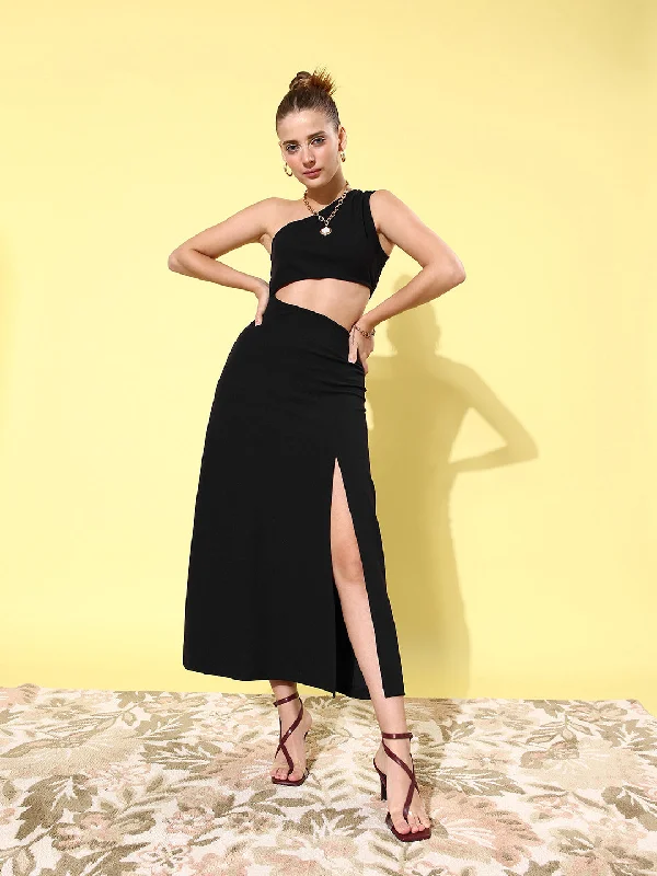 Women's Black Cut Out One Shoulder Maxi Dress - StyleStone Classic A-Line Maxi Dress Women's Black Cut Out One Shoulder Maxi Dress - StyleStone Classic A-Line Maxi Dress