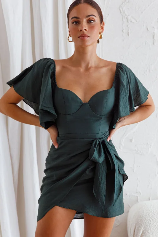 Aphrodite Molded Bust Angel Sleeve Wrap Dress Forest Green