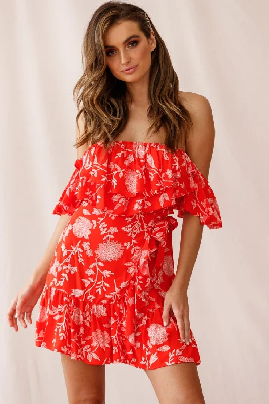 Audrina Off-Shoulder Wrap Dress Floral Print Red