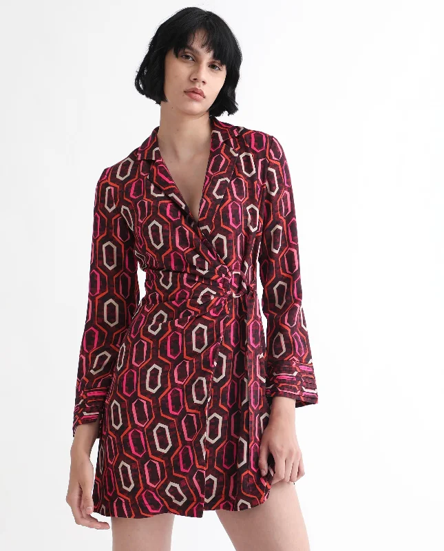 Rareism Women Binden Dark Brown Polyester Fabric 3/4Th Sleeves Tie-Up Closure Lapel Neck Cuffed Sleeve Relaxed Fit Geometric Print Short Wrap Dress