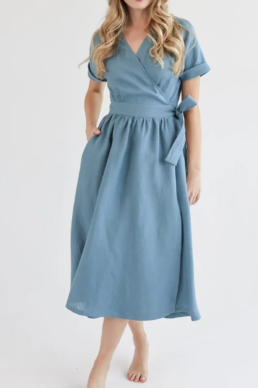 Blue midi linen wrap dress women HY0011