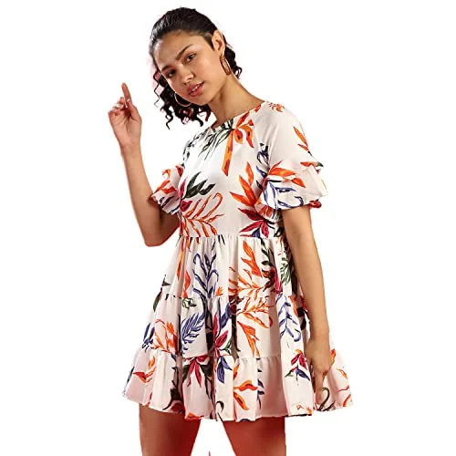 Campus Sutra Women Floral Print Tiered Mini Dress(SUAZ_CSWSSDR259_M) White