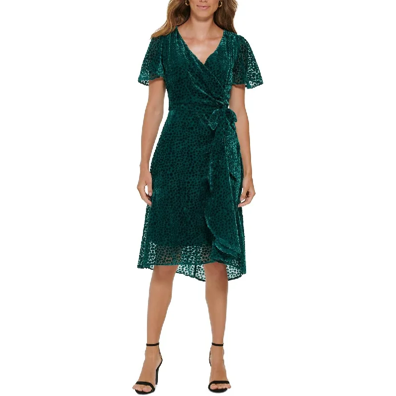 DKNY Womens Velvet Knee-Length Wrap Dress