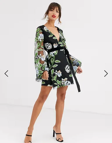 Embroidered floral black wrap dress uk 10-12