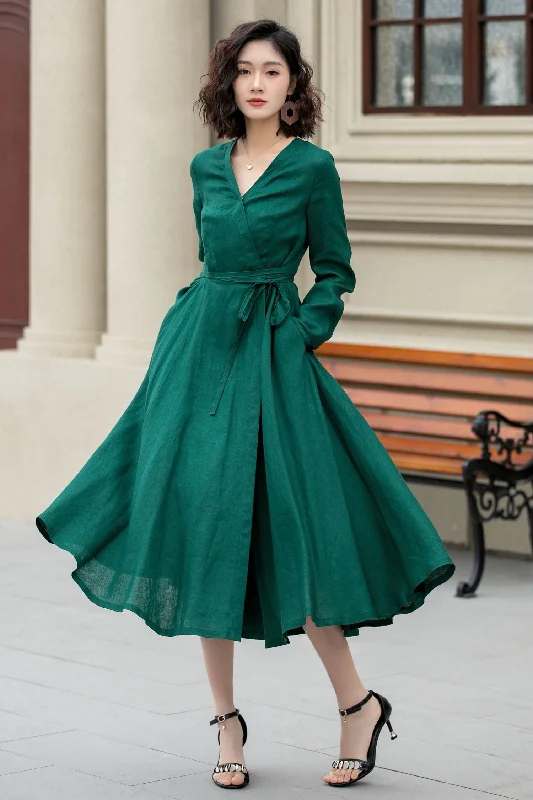 Green fit and flare spring wrap dress 4966