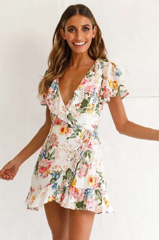 Love Story Angel Sleeve Wrap Dress Floral Print White