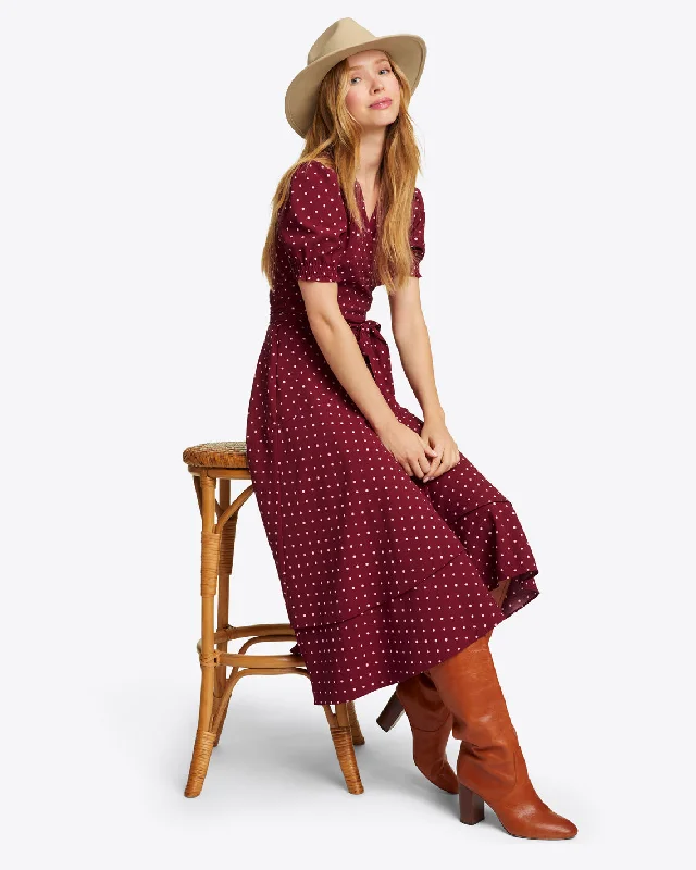 Naomi Wrap Dress in Merlot Polka Dot